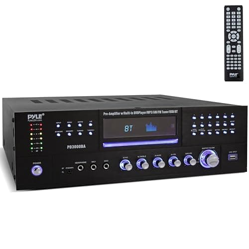 Pyle 4 Channel Wireless Bluetooth Amplifier - 3000 Watts Peak Stereo Home Audio Receiver with FM Radio, USB, 2 MIC in with Echo, HDMI & 24-Bit Decode, Front Loading CD/DVD Player, LED, Rack Mount