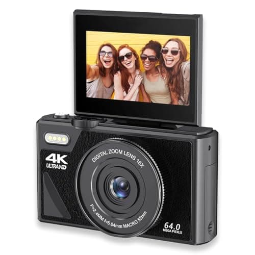 4K Digital Camera, 64MP Vlogging Camera for YouTube with 3" Flip Screen & 18X Digital Zoom, Point and Shoot for Beginner (Black)