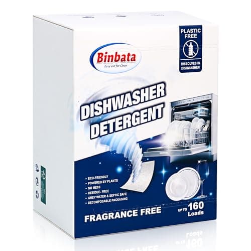 Binbata Eco Dishwasher Detergent Sheets Up To 160 Loads, Unscented Plastic Free Dishwashing Soap Strips With High Efficient Solid Enzyme, Leaving Dishes Sparkling Clean