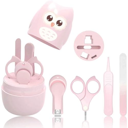 4-in-1 Baby Nail Clipper Set, Safe Newborn Nail Care Kit with Cute Owl Storage Case, Non-Toxic Infant Nail Scissors, Nail File & Tweezers for Newborns, Infants, Toddlers, Kids Boys & Girls (green) (Pink)