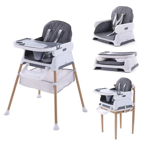 Hrusitoo 3 in 1 Baby High Chair & Booster Seat, Adjustable Compact Infant Feeding Chairs for Babies and Toddlers, Convertible High Chair with Secure Harness (Dark Gray)