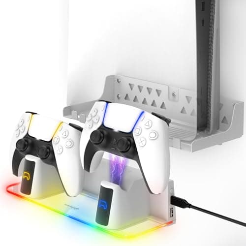 Fosmon PS5 Wall Mount Kit with Charging Station, Solid Metal Shelf and Anchors, Detachable Dual Controller Charger Stand with RGB Light for PlayStation 5, PS5 Disc & Digital Console (Slim & Pro) White