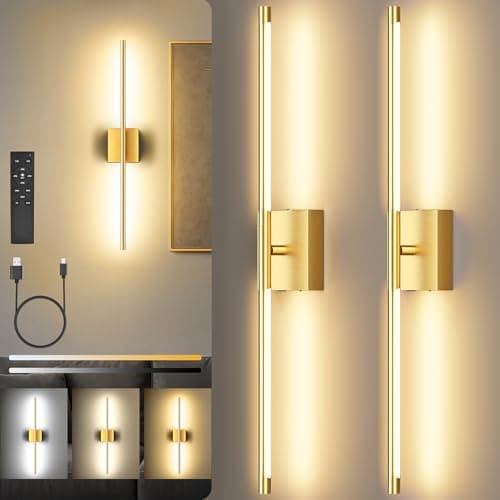 Battery Operated Wall Sconces Set of Two, 10000mAh Rechargeable Wall Lights with Remote Control, 360° Rotate Dimmable Gold LED Wireless Lamps for Bedroom, Living Room, Hallway, 29 Inch, 3CCT