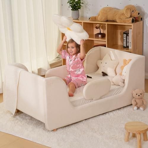 NAIZEA Toddler Floor Bed - Toddler Bed Frame with Rails & Headboard, Standard Crib Size Kids Beds for Ages 2-6 Years Girls and Boys, Montessori Floor Beds(No Mattress)
