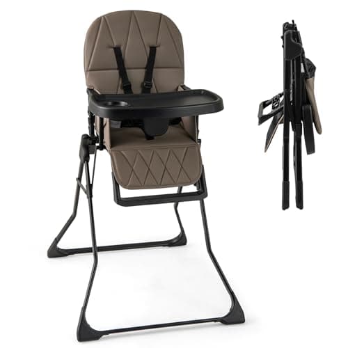 HONEY JOY High Chair, Foldable Baby Feeding Chair, Adjustable Tray & Footrest, Removable Easy-to-Clean PU Seat Cushion, 5-Point Harness, Cup Holder, Highchairs for Babies and Toddlers (Coffee)