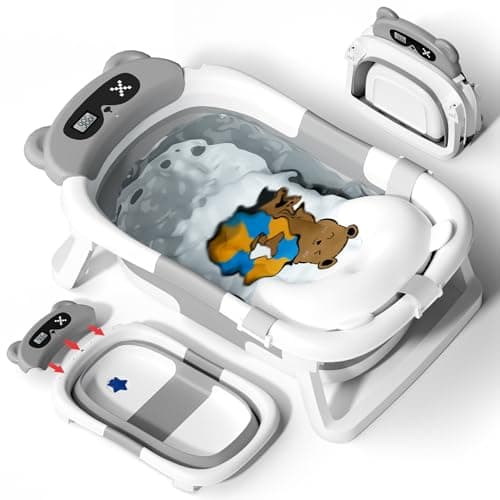 AVIDOR Baby Bathtub, Collapsible Baby Bathtub for Newborn to Toddler, Foldable Newborn Bathtub, Portable Infant Bath Tub for Travel with Soft Cushion, Non Slip Feet, Bear Grey
