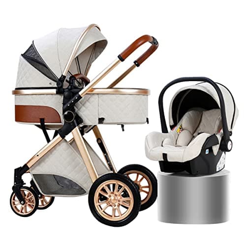 Pushchair and Stroller for Toddler 3 In 1 Travel Baby Stroller Includes Carrycot,Reversible Bassinet Pram,with Accessories, Mom Bag, Footmuff (Color : WHITE)