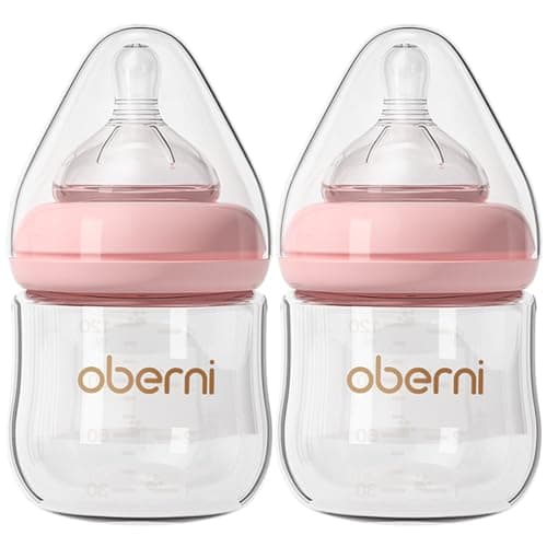 Oberni Glass Baby Bottles, Anti Colic Newborn Milk Bottles for Babies 0-3 Months, 120ml/4oz Baby Glass Bottles with Natural Response Slow Flow Breast-Like Nipple, Pink/2 Pack