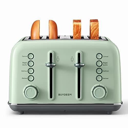 BUYDEEM DT640 4-Slice Toaster, 7 Shade Settings, Extra Wide 1.5’’ Slots for Bagel & English Muffin, 6 Toasting Functions, Retro Stainless Steel Toaster with High Lift Lever, 1800W, Cozy Greenish