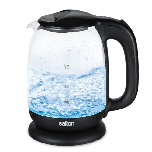 Salton Cordless Glass Kettle – 1.7 L | Blue LED Illumination | Thermal Shock Resistant Glass | Perfect Pour Spout | Auto Shut-Off | 360° Base | Concealed Heating Element | Proudly Canadian