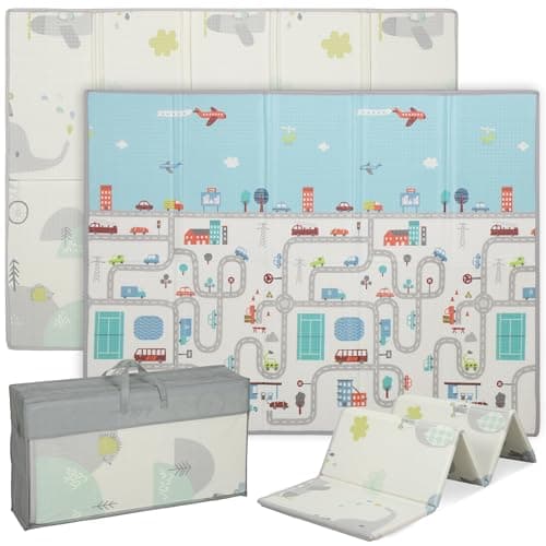 Qaba Baby Play Mat, 79" x 59" x 0.4", Foldable and Reversible Foam Playmat, Waterproof & Anti-Slip Baby Floor Mat for Toddlers, Track & Elephant