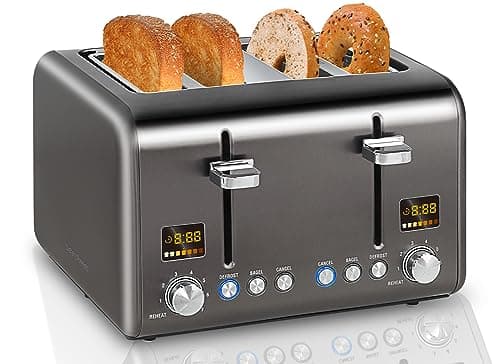 SEEDEEM 4 Slice Stainless Toaster with LCD Display, 7 Shade Settings, Wide Slots, Bagel/Defrost/Reheat Functions, Removable Crumb Tray, 1800W