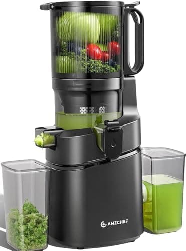 AMZCHEF Juicer Machine, 5.8" Extra Self-Feeding Cold Press Juicer for Whole Vegetable & Fruit, Masticating Juicer with Large Auger & Triple Strainers, Easy to Clean, High Juice Yield, Black