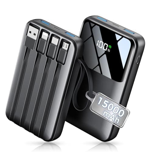 Power Bank, 15000mAh Portable Charger with Built in Cable, 22.5W Black