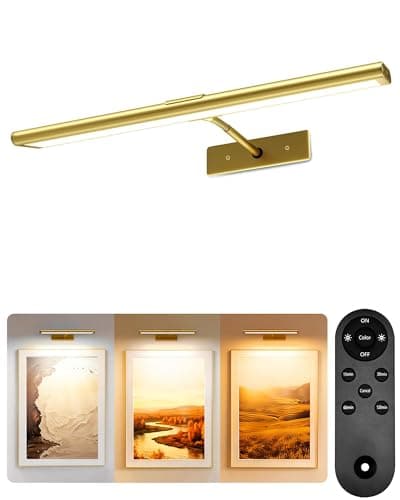 EZVALO 16'' Picture Light for Wall, 4800mAh Rechargeable Wireless IR Remote, Dimmable Magnetic LED Art Display Light with 3 Color Temperatures, Display for Gallery, Living Room, Bedroom (Gold)