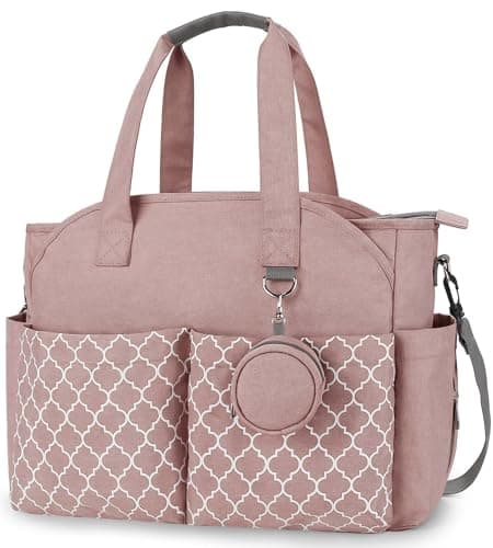 HATINXIA Baby Diaper Bag Tote, Large Travel Diaper Tote for Mom and Dad, Baby Nappy Changing Bag Mommy Bag with Pacifier Case & Insulated Pockets, Waterproof Diapers Messenger Tote Bag, Pink
