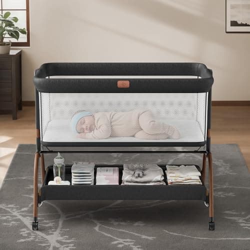 Baby Bassinet Bedside Crib, 3-in-1 Baby Bassinet Bedside Sleeper, Full-Mesh Sides, 6-Height Adjustable, Stable and Secure Crib for Newborns