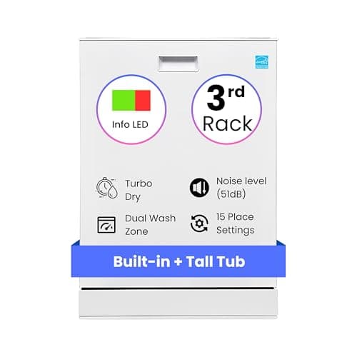 Equator 24" Built in Tall Tub Top Control Dishwasher 15 Place 3rd Rack 8 Wash 1400 RPM Turbo Dry 110V E-Star