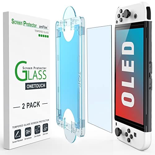 amFilm [2-Pack] OneTouch Glass Screen Protector Designed for Nintendo Switch OLED model 2021-With Auto Alignment Kit, Bubble Free