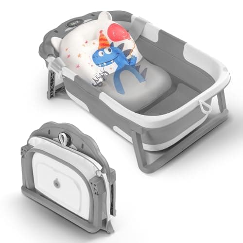 Baby Bathtub for Infant to Toddler,Collapsible Baby Bath Tub with Soft Cushion & Thermometer,Space Saving Foldable & Travel Newborn Bathtub 0-36 Months (Gray, Bear)