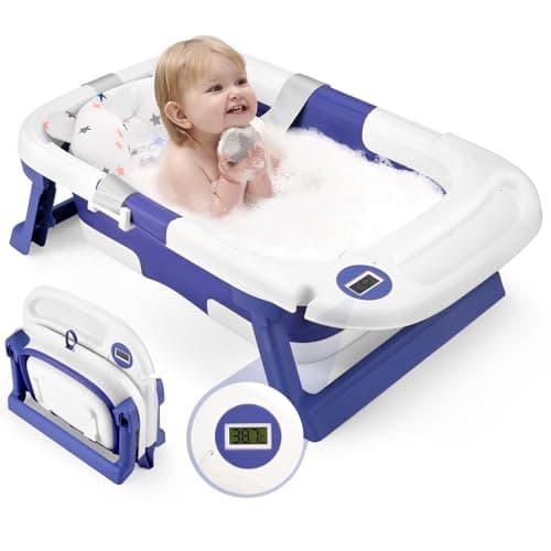 Baby Bathtub, Newborns Bath Essentials, Portable Bath tub For Infant 0-24 Months，Baby Shower Gifts With Soft Cushion,Temperature Sensor and Tray