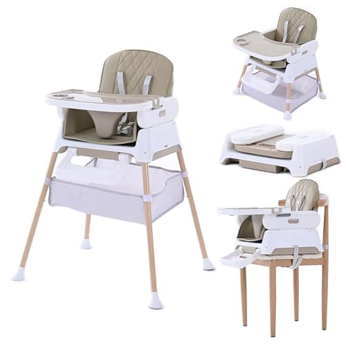 3 in 1 Convertible Baby High Chair, Hrusitoo Adjustable Booster Seat and Toddler Feeding Chair, Compact and Easy to Clean Highchair for Babies and Toddlers, Khaki
