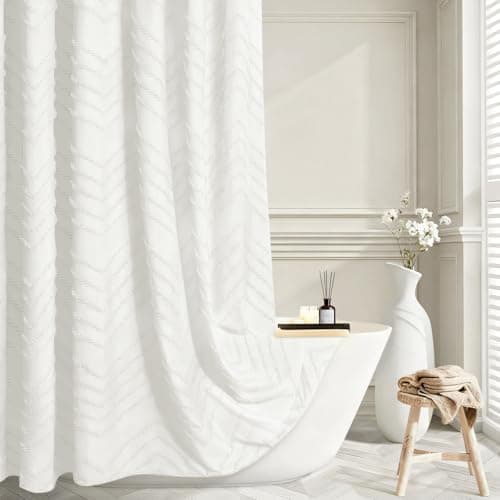 Aovfy Boho Tufted Chevron Fabric Shower Curtain, White, 72Wx72H