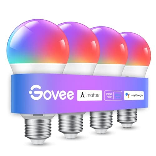 Govee Smart Light Bulbs, Color Changing Light Bulb, Matter Bulb Work with Alexa and Google Assistant, 16 Million Colors RGBWW, WiFi & Bluetooth LED Light Bulbs, Music Sync, A19, 800 Lumens, 4 Pack