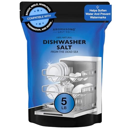 Aromasong Dishwasher Salt - 100% Natural Water Softening Agent for Cleaner Dishes & Washer Reactivation - Compatible with Bosch, Miele, Whirlpool, Thermador, and more - 5 LB.