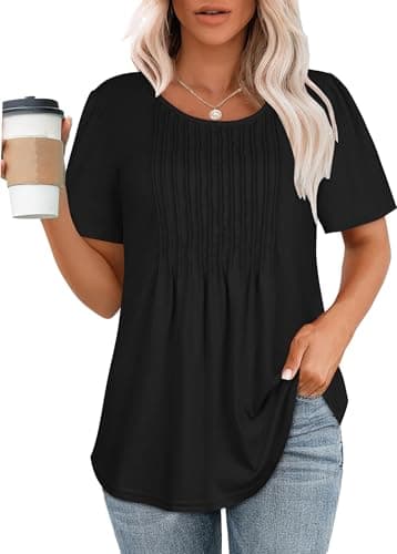 ADOREJOY Womens T Shirts Summer Short Sleeve Tunic Tops Pleated Front Casual Blouses（Black，L）