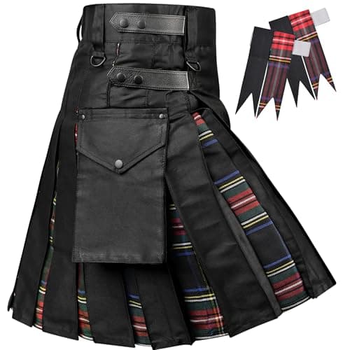 H HIGHLAND REDSTONE Hybrid Utility Kilts for Men Scottish Traditional Kilt with Flashes, Black Stewart, 46-48