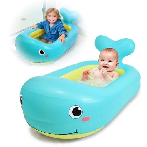 Inflatable Baby Bathtub in Whale with Back Support & Animal Design–Spacious, Portable Foldable Bath Tub for Newborns, Leakproof Lightweight Pool for Travel & Home Use–Ocean Blue(32.68x19.69x9.84 Inch)