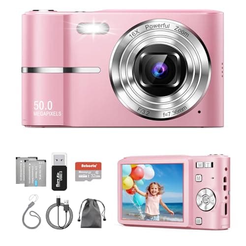 Digital Camera, Autofocus 50MP Vlogging Camera with 32G TF Card & 2 Batteries, 16X Zoom, Flash, Anti-Shake, Compact Portable Small Point and Shoot Digital Camera for Kids Student Teens Beginner
