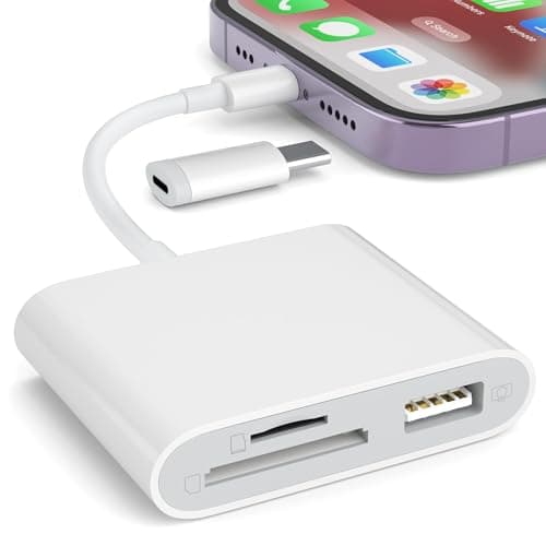 SD Card Reader for iPhone, Memory Card Reader with USB-C to Lightning Adapter Plug and Play Trail Game Camera Micro SD Card Viewer Support SD/TF Card and USB for iPad No App Required (White)