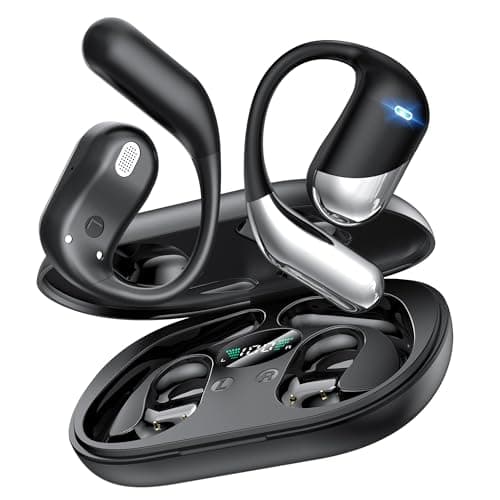 Open Ear Wireless Earbuds, Sports Bluetooth Headphones with Real Time Translation, 80Hrs Playtime with LED Power Display, Noise Canceling Headset, IP55 Waterproof Earphones for Workout/Running Black