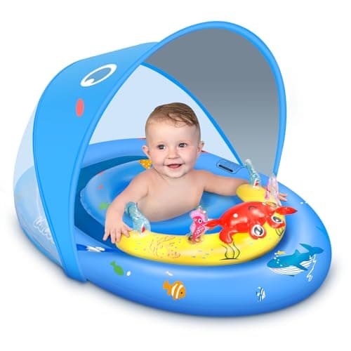 LAYCOL Baby Pool Float with UPF50+ Sun Protection Canopy & Toy Play Console，Infant Baby Float for Pool，Adjustable Safety Seat，Toddler Float for 6-24 Months