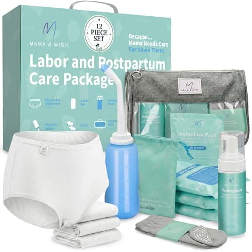 Mama & Wish® Postpartum Essentials Kit for Mom – Labor & Delivery Recovery Kit | Peri Bottle, Witch Hazel, Ice Pads, Disposable Underwear & More