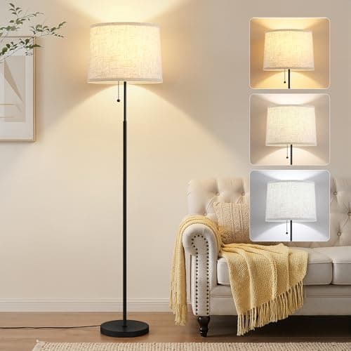 Floor Lamp, 60" Tall Standing Lamp with Linen Shade, Pull Chain Switch, Adjustable Color Temperatures, Modern Black Floor Lamp for Living Room Bedroom Office Classroom (Bulb Included, Black)