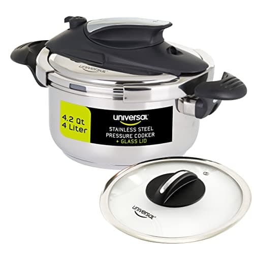 Universal (4.2 Quart / 4 Liter) Small Stainless Steel Easy Use Pressure Cooker + Extra Glass Lid, 5 Servings, Induction Compatible, Pressure Cooker & Multipurpose Pot