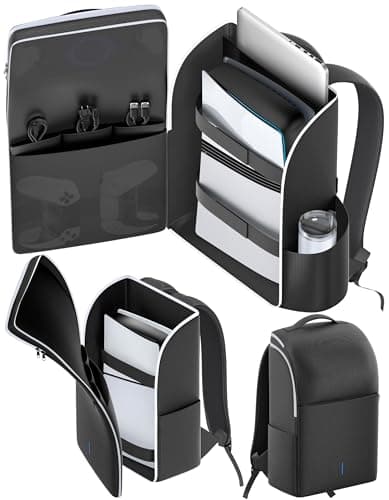 Backpack for PS5/ Slim/Pro Console, Full Protection PS5 Carrying Case Travel Bag, Large Capacity PS5 Storage Bag for Dual Controllers, PS Portal, Laptop, Game Cards, PS5 Backpack with 3 Cable Pouch