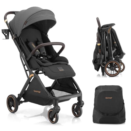 Gromast Gravity Folding Baby Stroller V2.0 - Portable Travel Toddler Stroller w/Adjustable Backrest, Canopy & Cup Holder, Lightweight and UV Protected, One-Hand Automatic Folding - Dark Gray