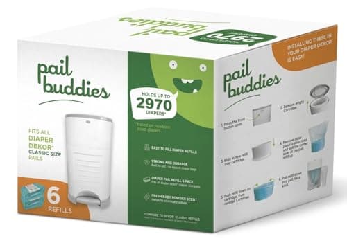 Pail Buddies Diaper Pail Refills | 6 Count | Compatible with Dekor Classic Diaper Pail | Strong, Durable Diaper Pail Refills with Fresh, Baby Powder Scent