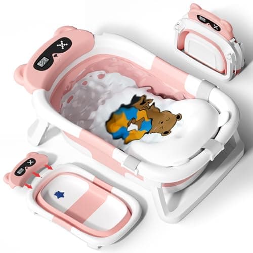 AVIDOR Baby Bathtub, Collapsible Baby Bathtub for Newborn to Toddler, Foldable Newborn Bathtub, Portable Infant Bath Tub for Travel with Soft Cushion, Non Slip Feet, Bear Pink