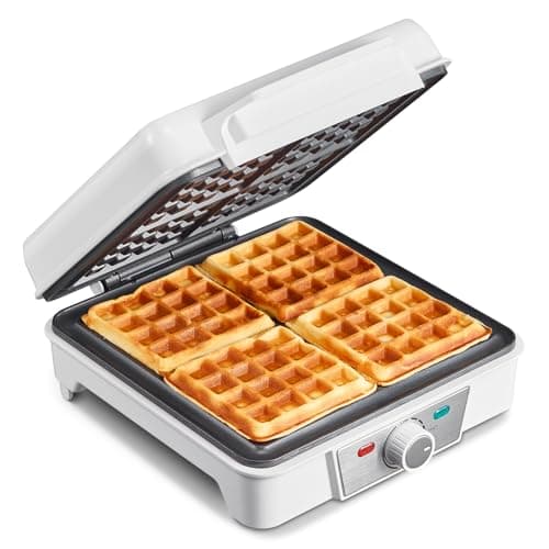 Belgian Waffle Maker 4 Slices, 1200W Waffle Iron, Anti-Overflow Waffle Iron with Adjustable Knob, Nonstick Plates, Indicator Lights, White