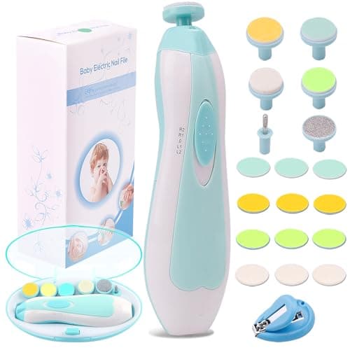 Baby Nail File Electric Nail Trimmer Manicure Set with Nail Clippers, Toes Fingernails Care Trim Polish Grooming Kit Safe for Infant Toddler Kids or Women, LED Light and 10 Grinding Heads (White/Teal)