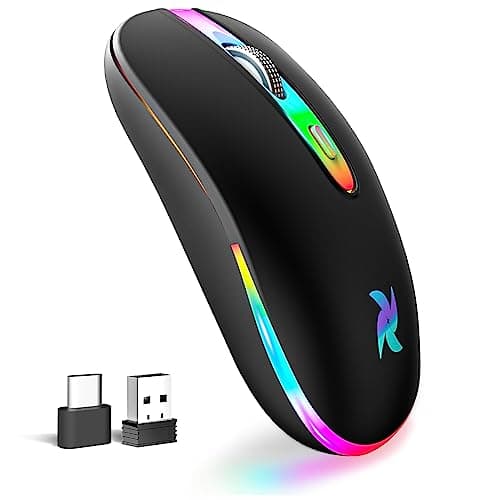 LED Wireless Mouse, Slim Rechargeable Silent Computer Mouse for Laptop, 2.4G Portable USB Optical Computer Cordless Mice with USB Receiver and Type C Adapter for Tablet Black