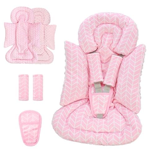 DAYEEBALL 4 in 1 Infant Car Seat Insert, Baby Car Seat Head Body Support for Girls & Boys, Reversible Newborn Car Seat Insert with 3 Extra Strap Paddings, Premature Car Seat Cushion (Stripes Pink)