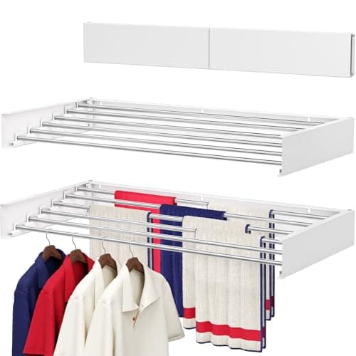 SOLVESTIS Wall Mounted Drying Rack 100CM, Foldable Laundry Drying Rack with Stainless Steel Rods, Retractable Laundry Space Saver for Indoor & Outdoor Use, Include Wall Template
