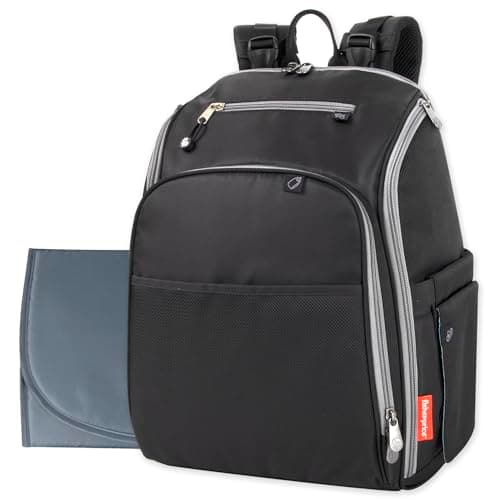 Fisher-Price Fastfinder 3 Piece Set Diaper Bag Backpack for Moms & Dads with Changing Pad and Wipes Pocket, Black/Grey, Large, Modern