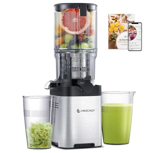 AMZCHEF Juicer Machine, Cold Press Juicer - 5.4" Large Feed Chute for Whole Fruits & Vegetables, Stainless Steel Slow Masticating Juicer Easy to Clean, Large Auger, Double Strainers, Stainless Steel